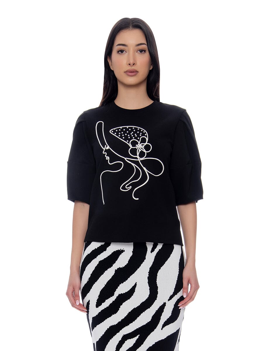 Abstract Face Embroidered Puff Sleeve Top TOP Gracia Fashion BLACK S 