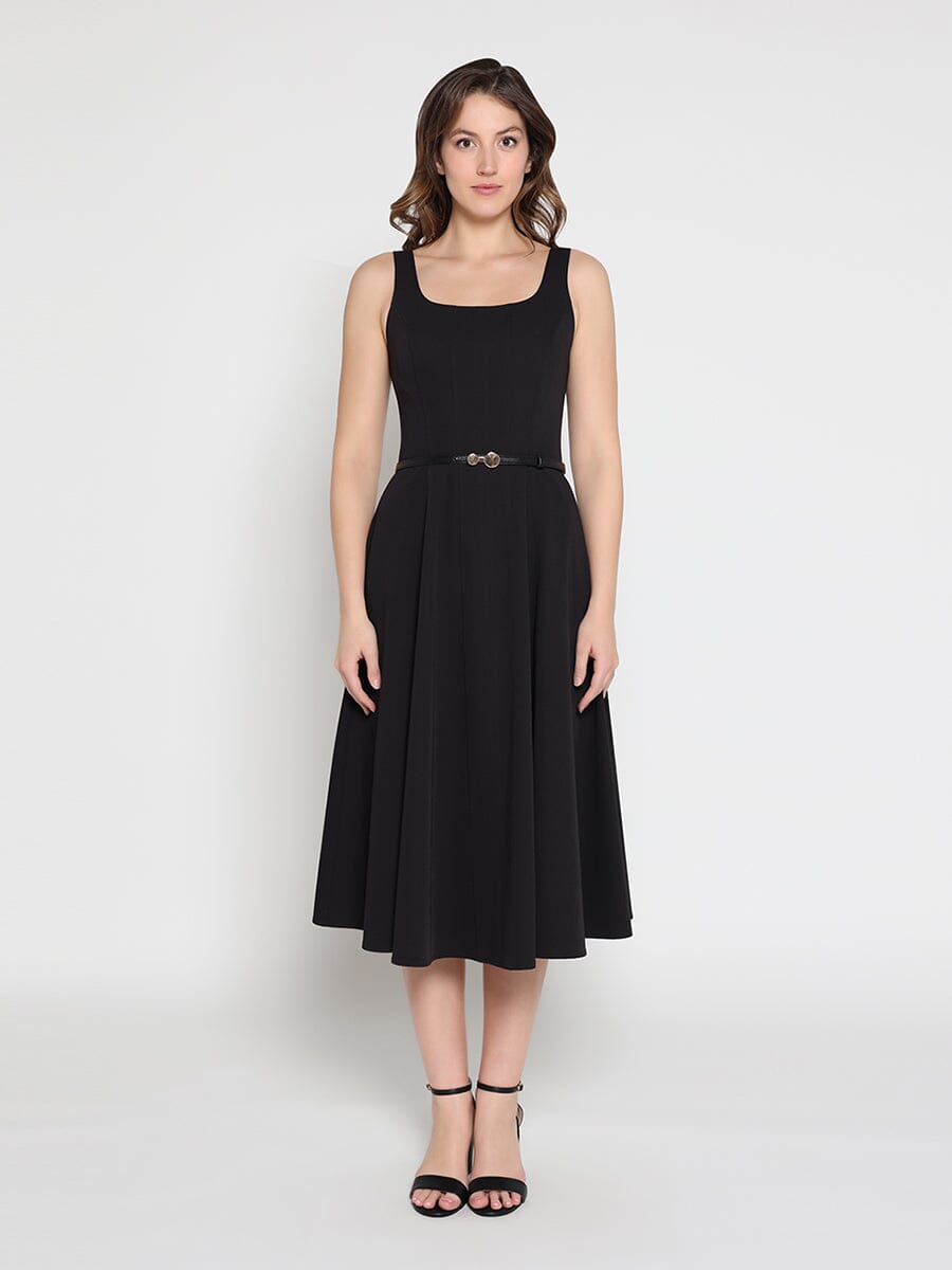 Gracia Fashion Women's Buckle Belted Square Neck A-Line Sleeveless Dre