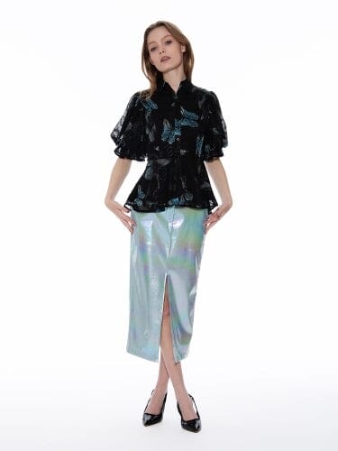 Butterfly Print Puffed Sleeve Peplum Top TOP Gracia Fashion BLACK S 