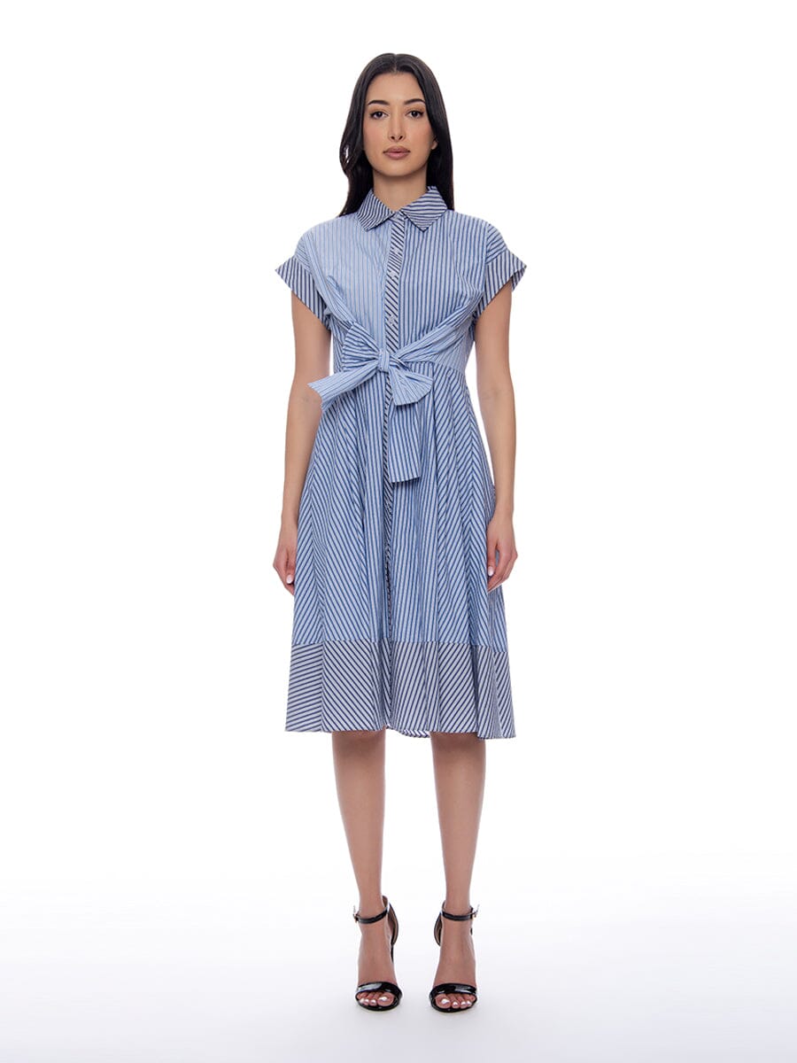 Contrast Stripe Cotton Front Tie Button Down Dress DRESS Gracia Fashion BLUE S 