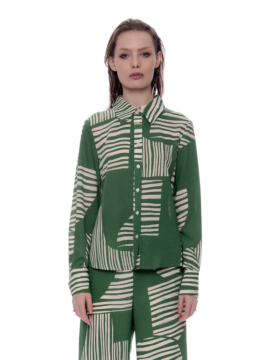 Contrast Stripe Print Pajama Set Top TOP Gracia Fashion GREEN S 