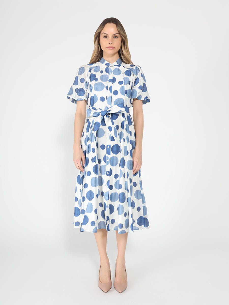 Dot print puff sleeve elastic back midi dress BLUE / L