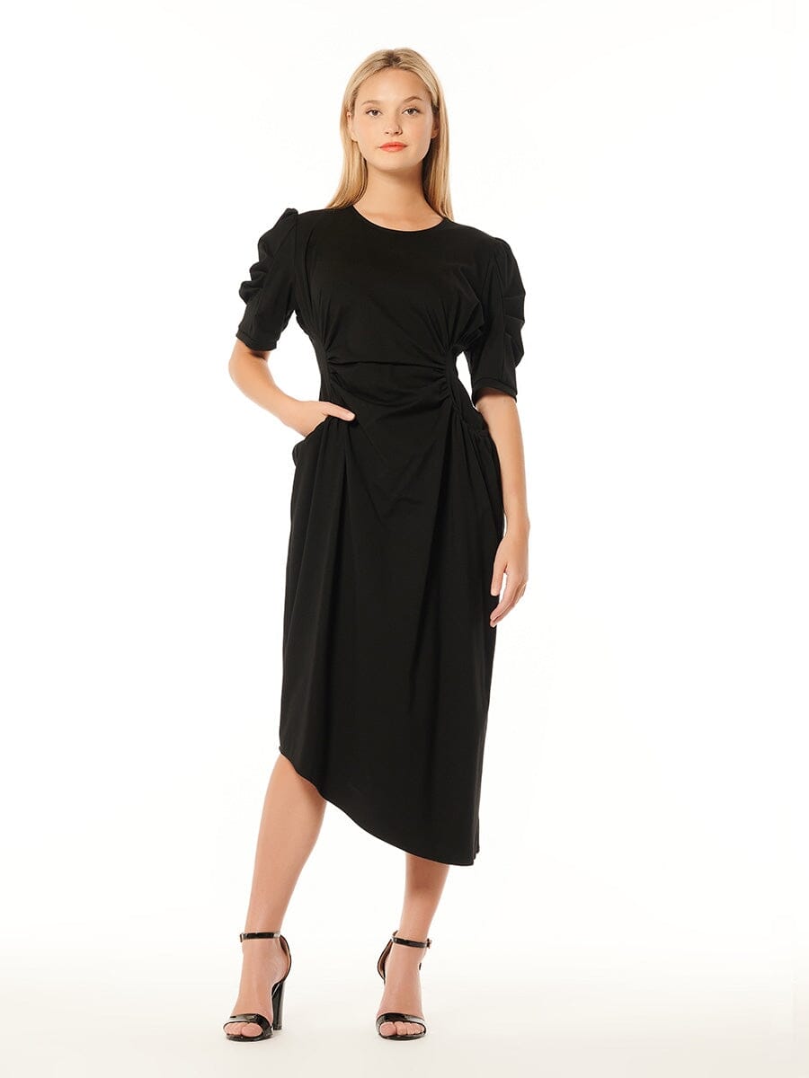 Double Ruched Waist Short Sleeve Solid Midi Dress DRESS Gracia Fashion BLACK S 