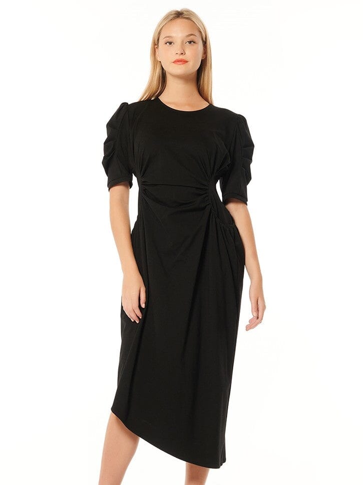 Double Ruched Waist Short Sleeve Solid Midi Dress DRESS Gracia Fashion BLACK S 