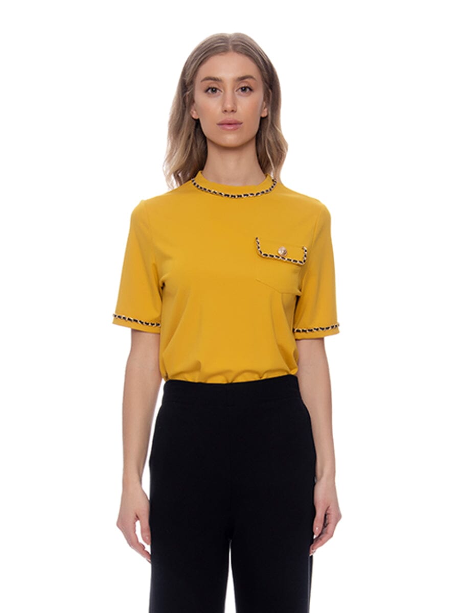 Embellished Chain Link Trim Short Sleeve Top TOP Gracia Fashion MUSTARD S 