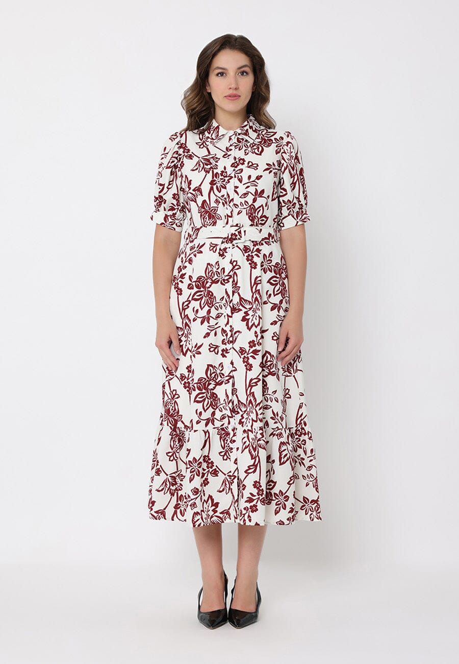 Floral Print Puff Sleeve Button Down Midi Dress BURGUNDY / S