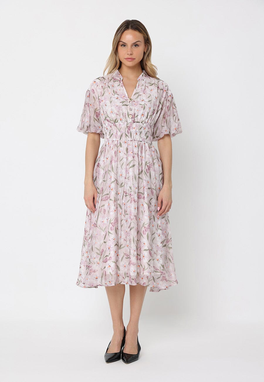 Gracia Fashion Women's Floral Print Puff Sleeve Elastic Waist A-Line D