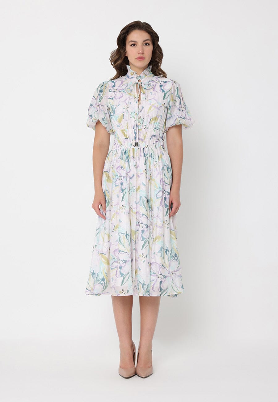 gracia a line dress Fashion Women's Floral Print Puff Sleeve Elastic Waist A-Line PURPLE / L Why Taffeta Wedding Dresses