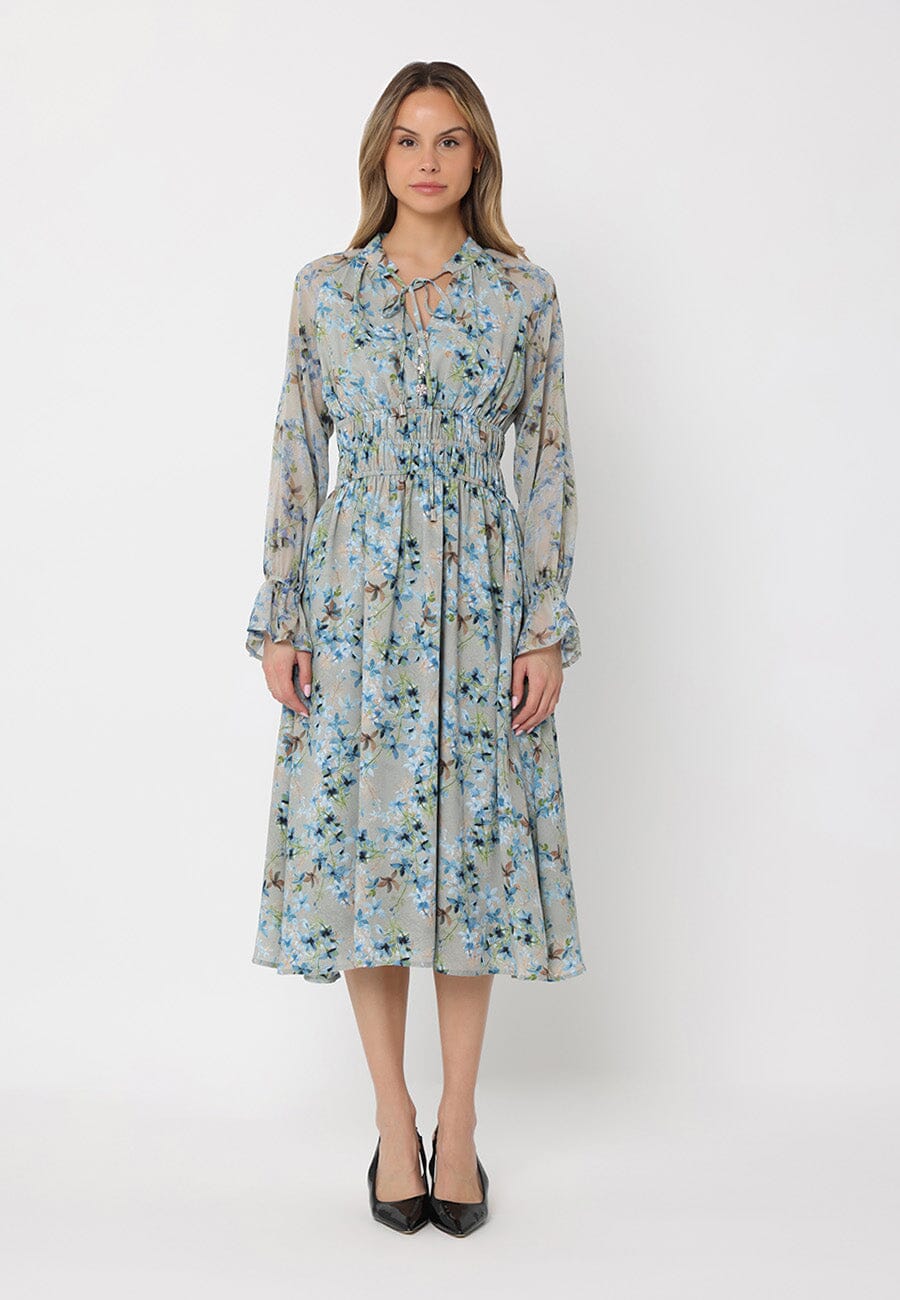 Floral Print Tie Neck Smocked Elastic Waist Dress