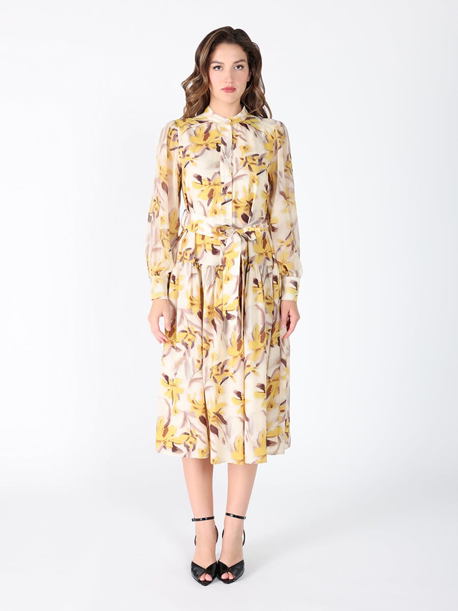 gracia fashion dresses Floral Printed Long Sleeve Belt Dress The Blue Square Neck creating a flattering green monday 2020 inclusion Size:EU 32