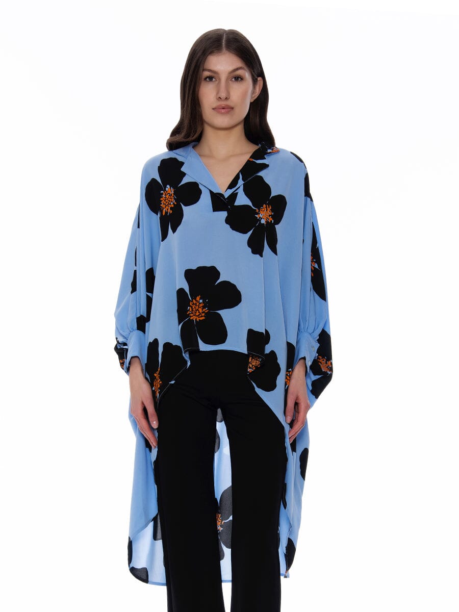Flower Print High-Low Blouse with Batwing Sleeves TOP Gracia Fashion BLUE S 