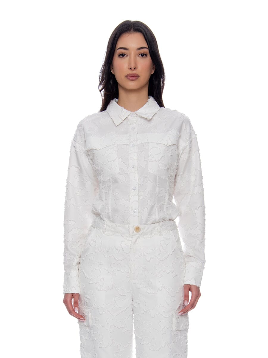 Fringe Pattern Flap Pocket Button-Down Shirt TOP Gracia Fashion WHITE S 