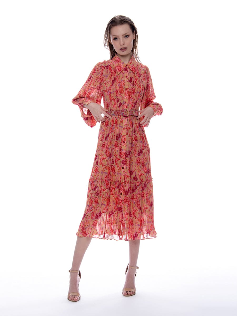 Full Pleated Floral Print Fabric Buckle-Belt Dress DRESS Gracia Fashion RED S 