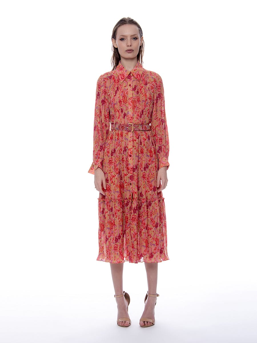 Full Pleated Floral Print Fabric Buckle-Belt Dress DRESS Gracia Fashion RED S 