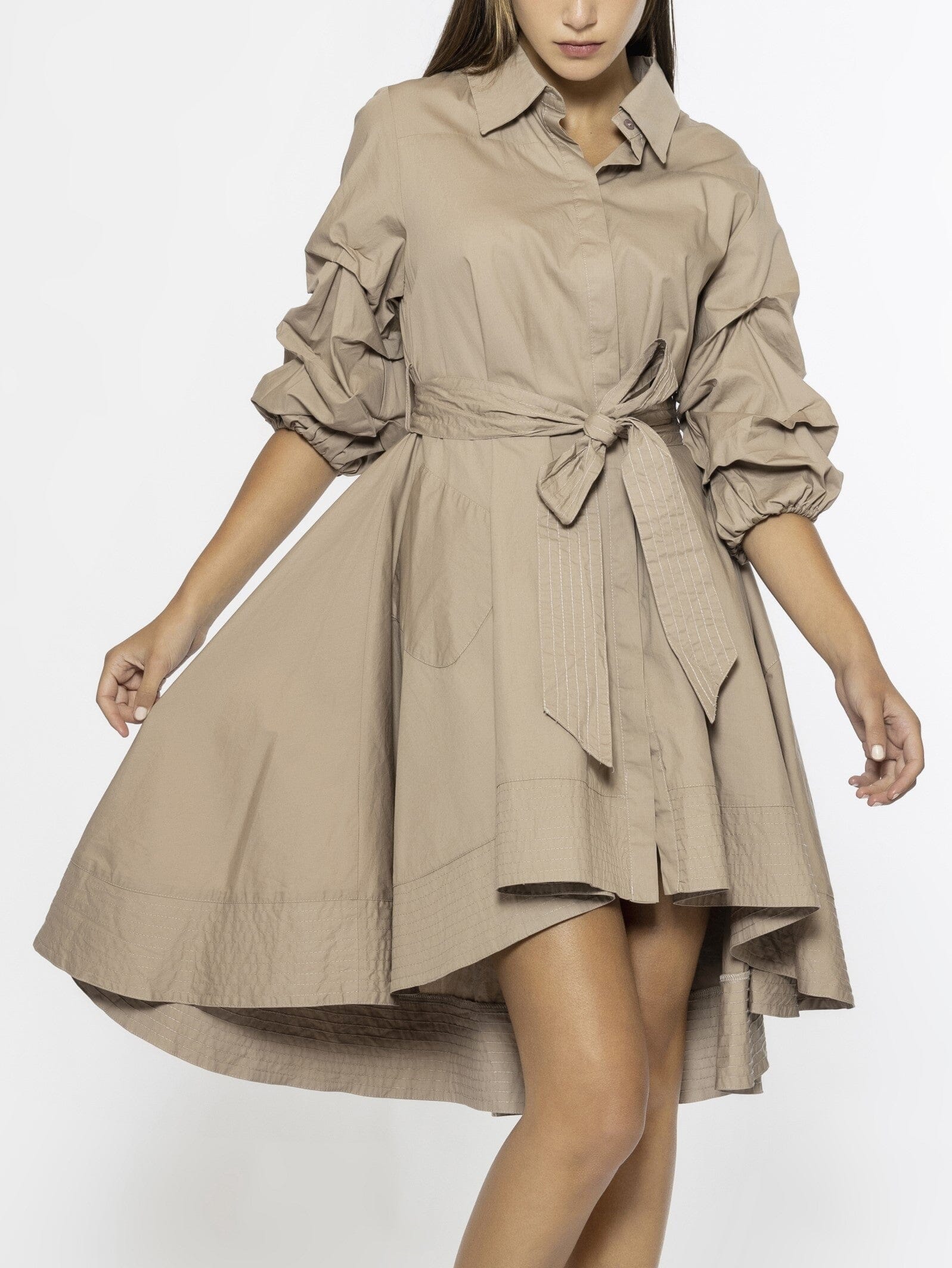 High-low Shirt Dress with Pinched Detail Sleeves DRESS Gracia Fashion 
