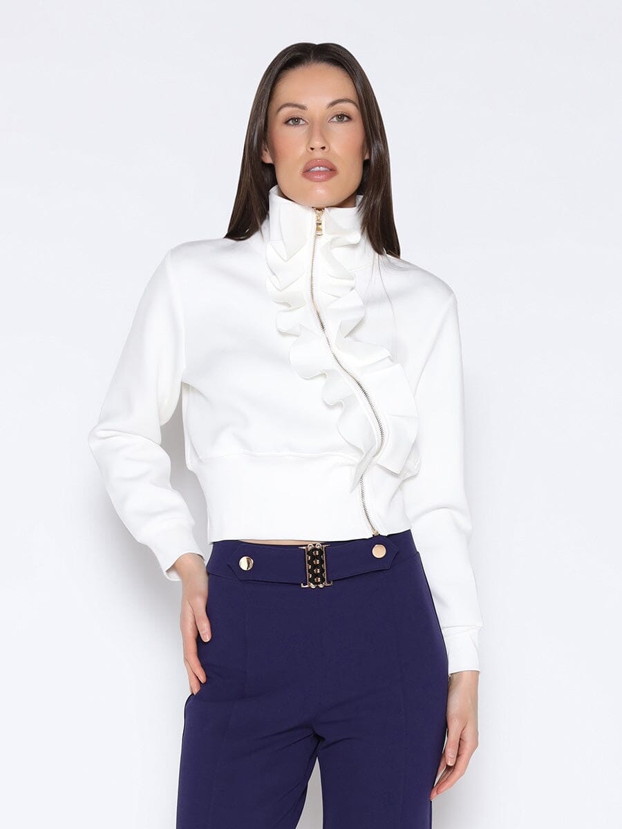 Highneck Scuba Assymetrical Ruffled Zip Jacket – Gracia Fashion