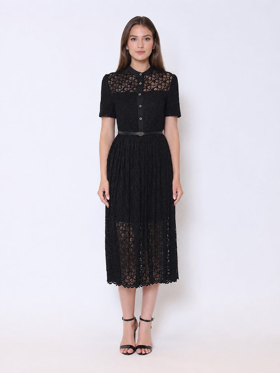 Lace Floral Button Front Mock Neck Belted Dress