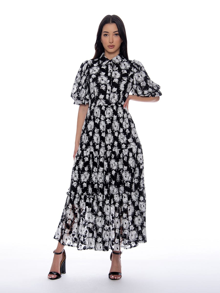 Lace Floral Print Puff Sleeve A-Line Maxi Dress DRESS Gracia Fashion BLACK/WHITE S 