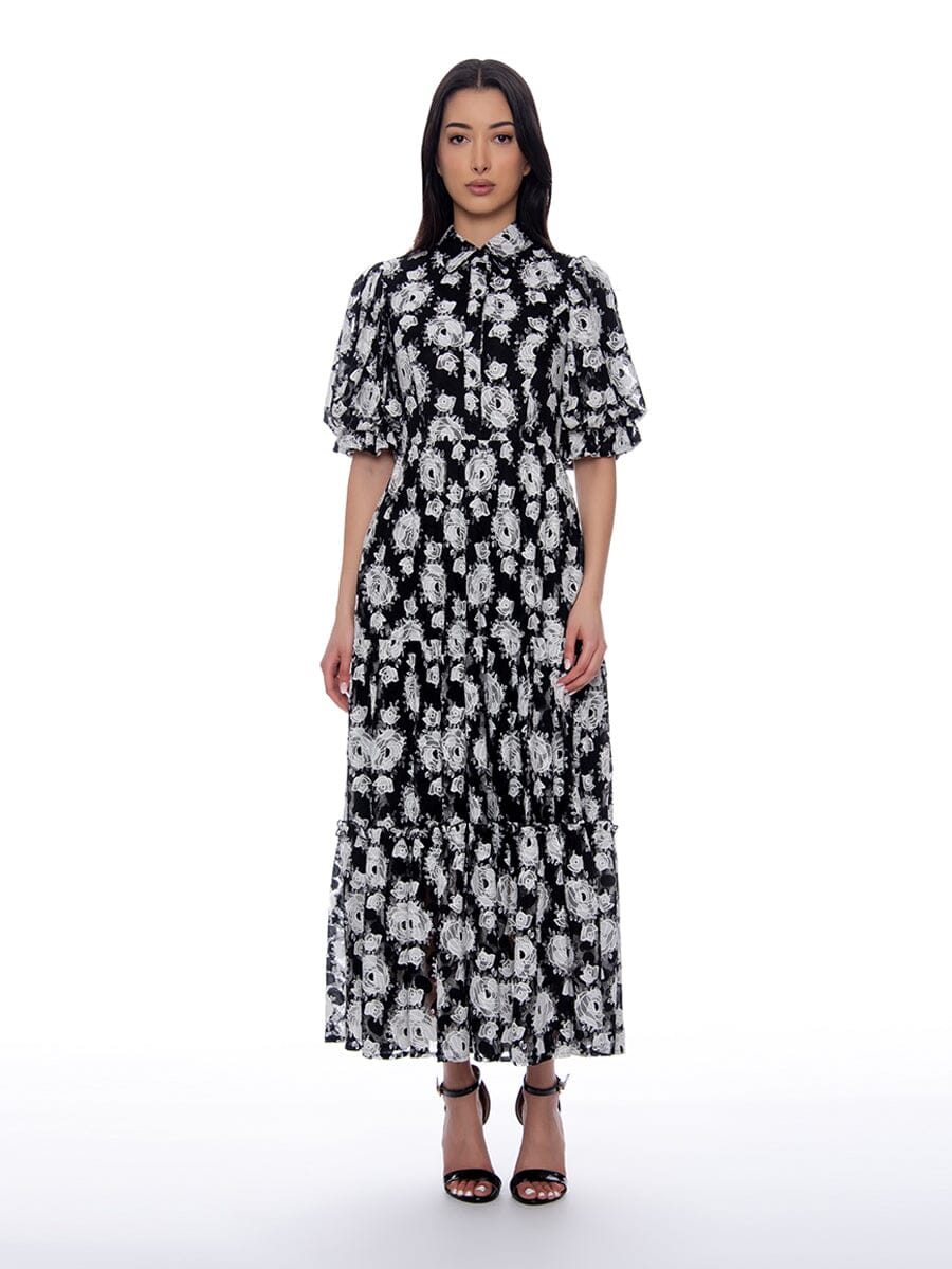 Lace Floral Print Puff Sleeve A-Line Maxi Dress DRESS Gracia Fashion BLACK/WHITE S 