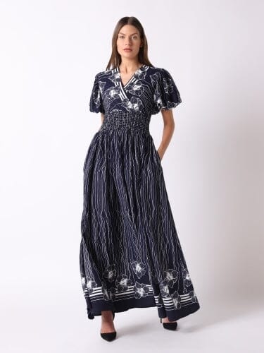 Lines and Flower Print V-Wrap Neckline Maxi Dress DRESS Gracia Fashion NAVY S 
