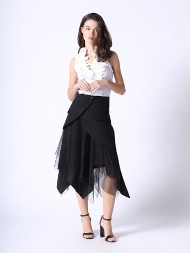 Mesh Contrast Asymmetrical Side Pocket Skirt SKIRT Gracia Fashion 