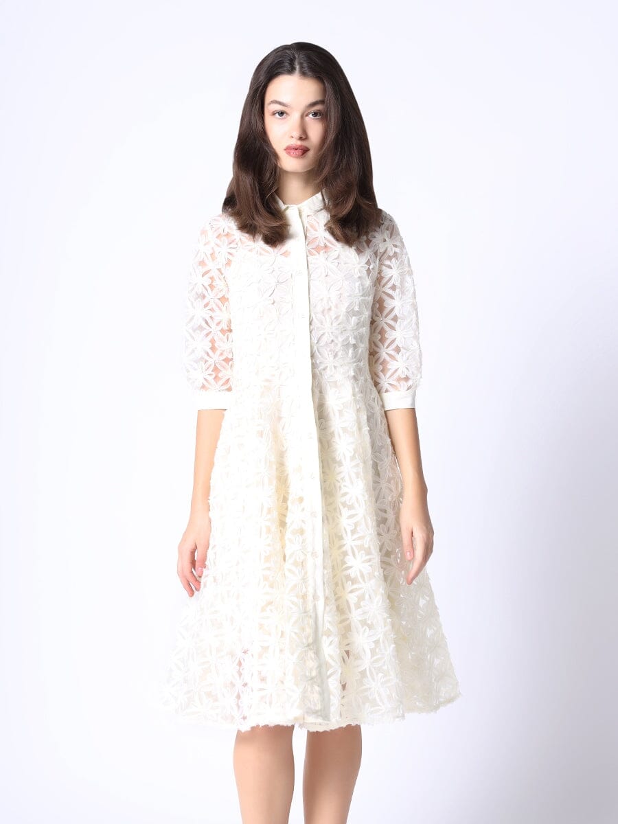 Mesh Embroidery Button-Down A-Line Dress DRESS Gracia Fashion CREME S 