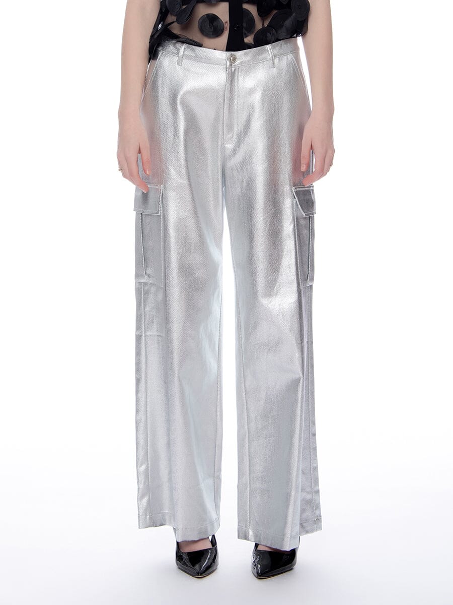 Metallic Denim Cargo Pants PANTS Gracia Fashion SILVER S 