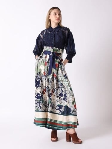 Nature Print Blue Belt Button Down Maxi Skirt SKIRT Gracia Fashion BEIGE S 