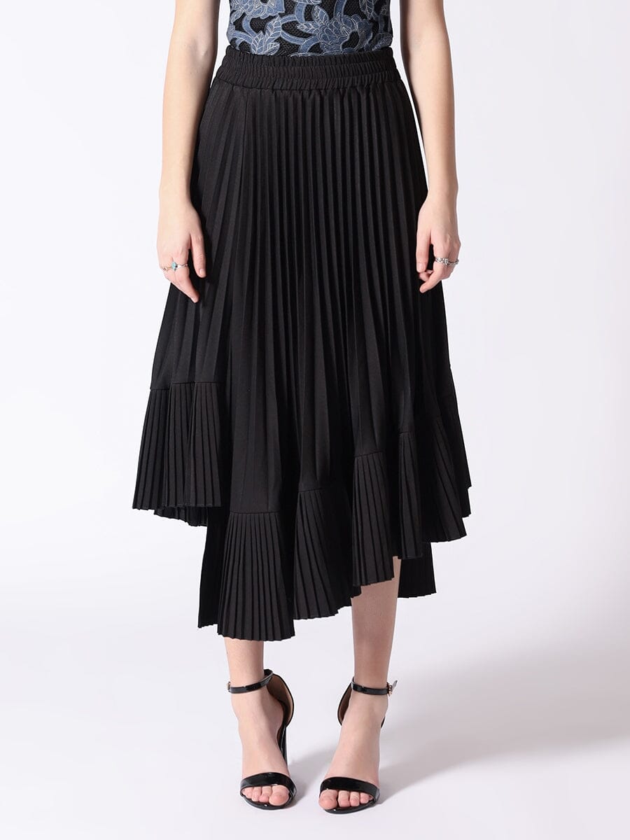 Pleats Flare Skirt with Elastic Waist Band SKIRT Gracia Fashion BLACK S 