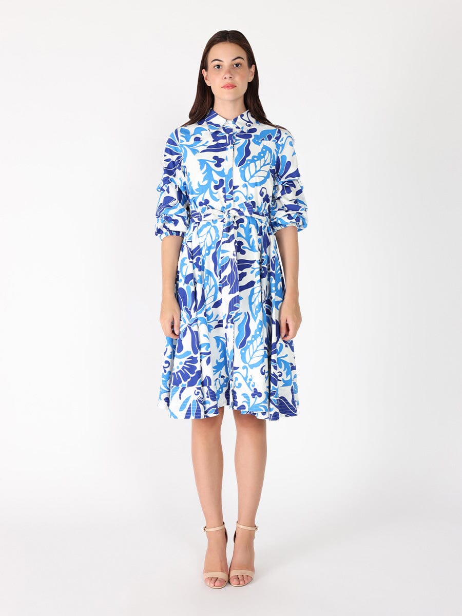 Puffed plated quater sleeve belt dress