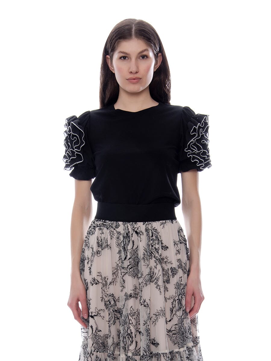 Ruffled Puff Sleeve Solid Color T-Shirt TOP Gracia Fashion BLACK S 