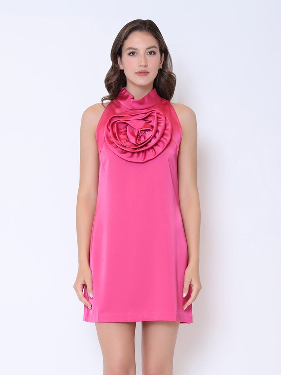 Satin Flower Applique Halter Mini Dress FUSHIA / XL