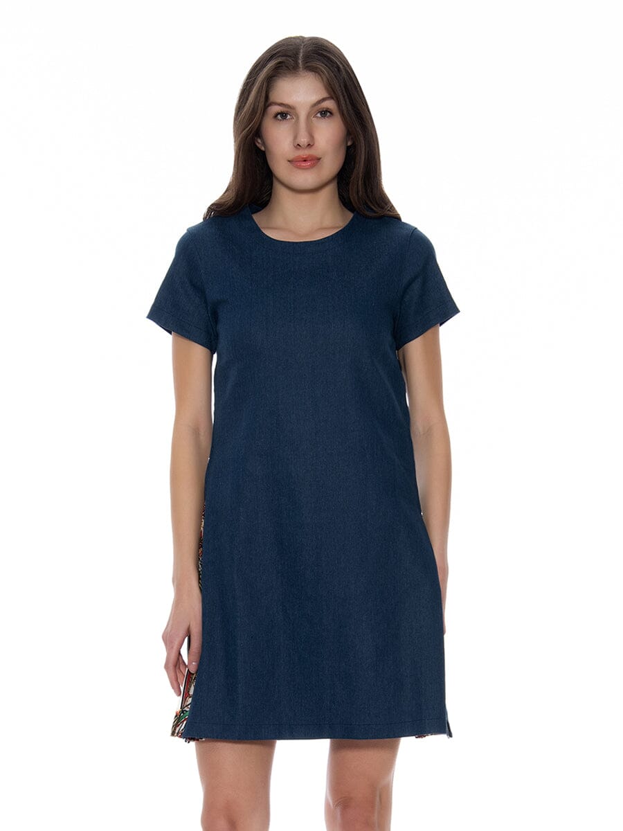 Short Sleeve Denim Side Printed Pleat Dress DRESS Gracia Fashion DENIM S 
