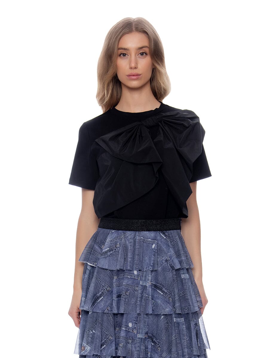 Solid Color Bow Front Ruffle T-Shirt TOP Gracia Fashion BLACK S 