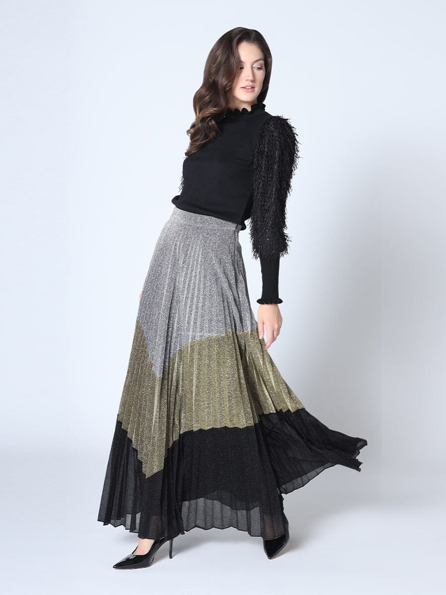 Three Metallic Color Blocked Pleated Maxi Skirt SKIRT Gracia Fashion SILVER+GOLD S 
