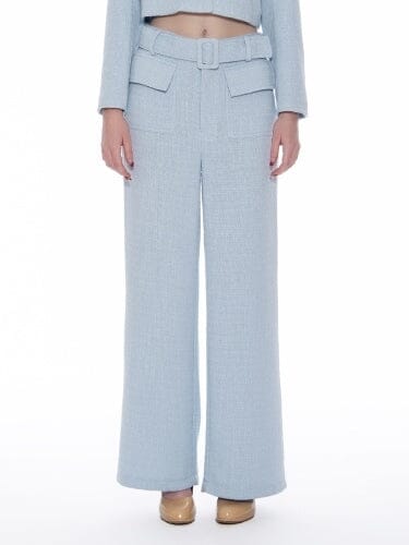 Tweed Buckel Belted Wide-Leg Suit Pants PANTS Gracia Fashion L/BLUE S 