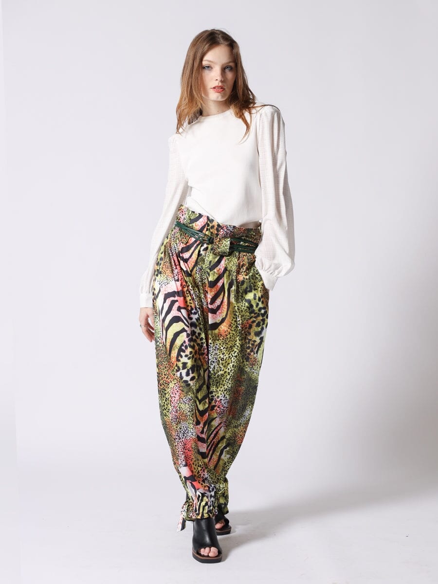 Animal Printed High Waist Pants with Belt PANTS Gracia Fashion GREEN S 