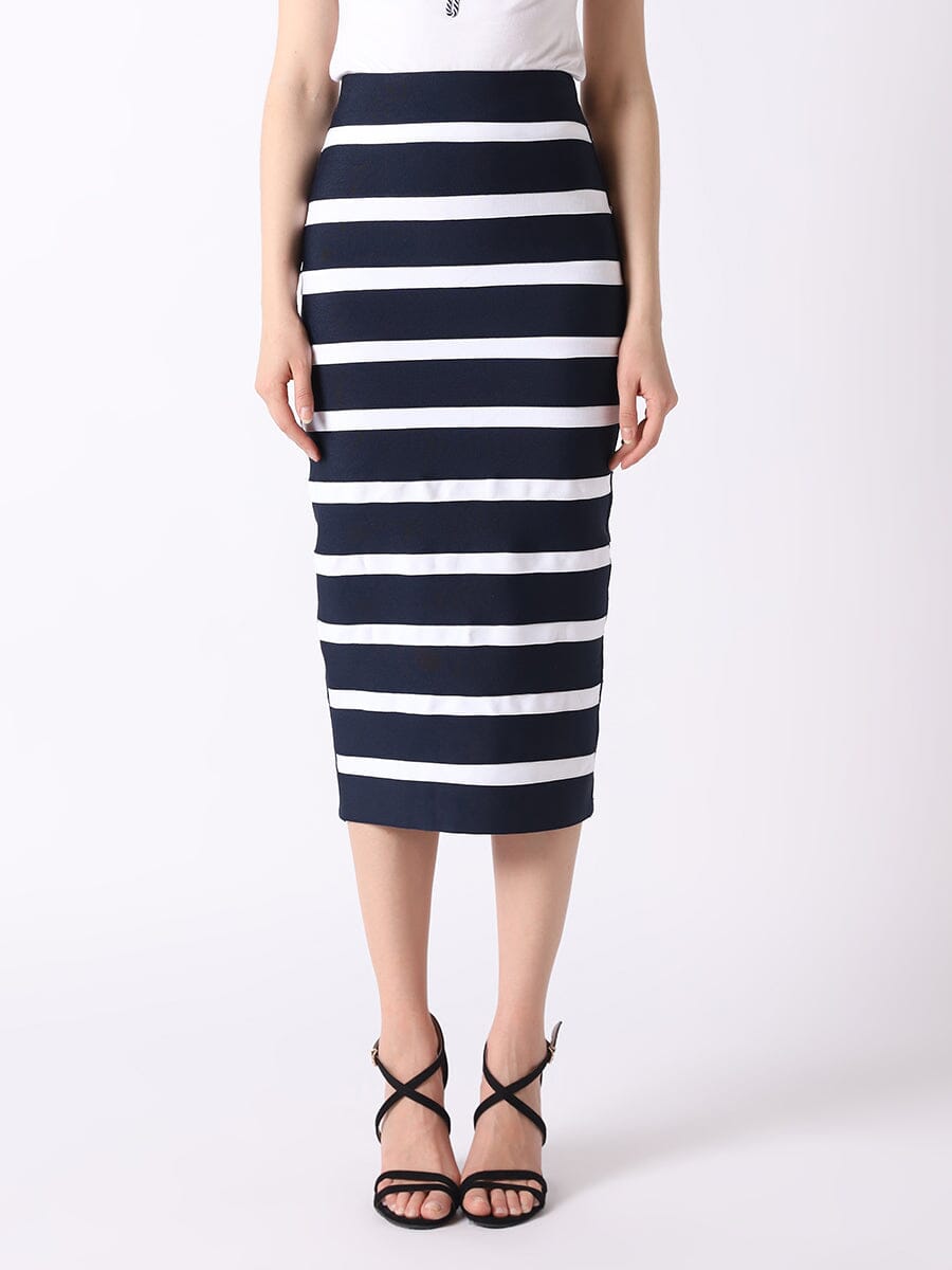 Contrast Color Striped Midi Bandage Bodycon Skirt SKIRT Gracia Fashion NAVY/WHITE S 