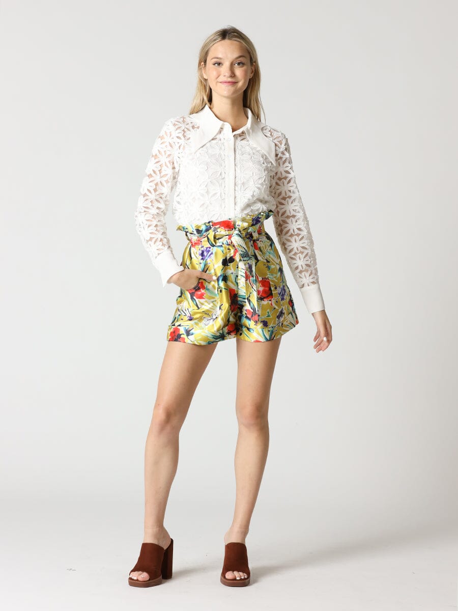 Criss-Cross Flower Pattern Sheer Big Collor Blouse TOP Gracia Fashion WHITE S 