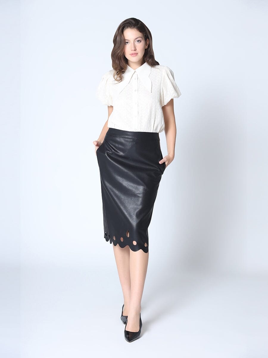 Fake Leather Cut-work Scallop Hem Skirt SKIRT Gracia Fashion BLACK S 