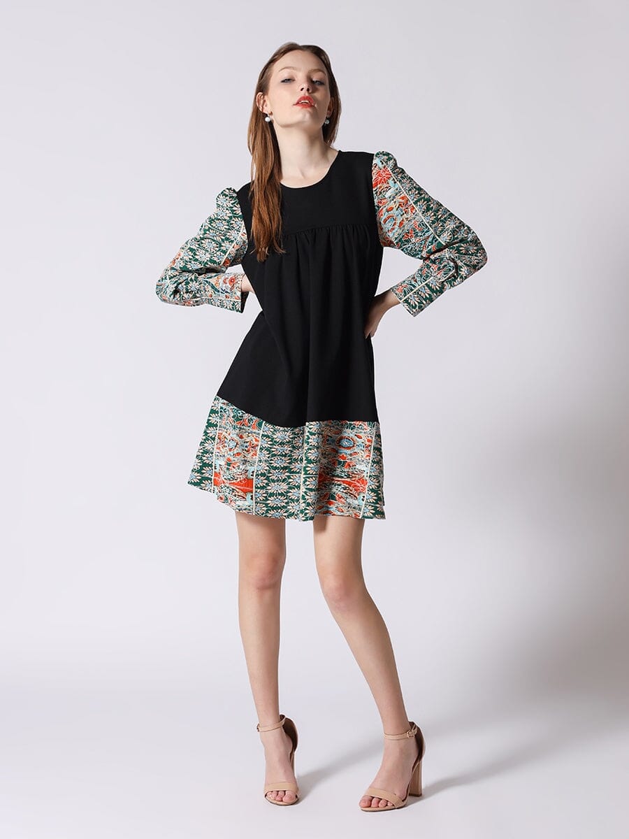 Floral Print Sewing Sleeves Bottom Babydoll Dress DRESS Gracia Fashion BLACK S 