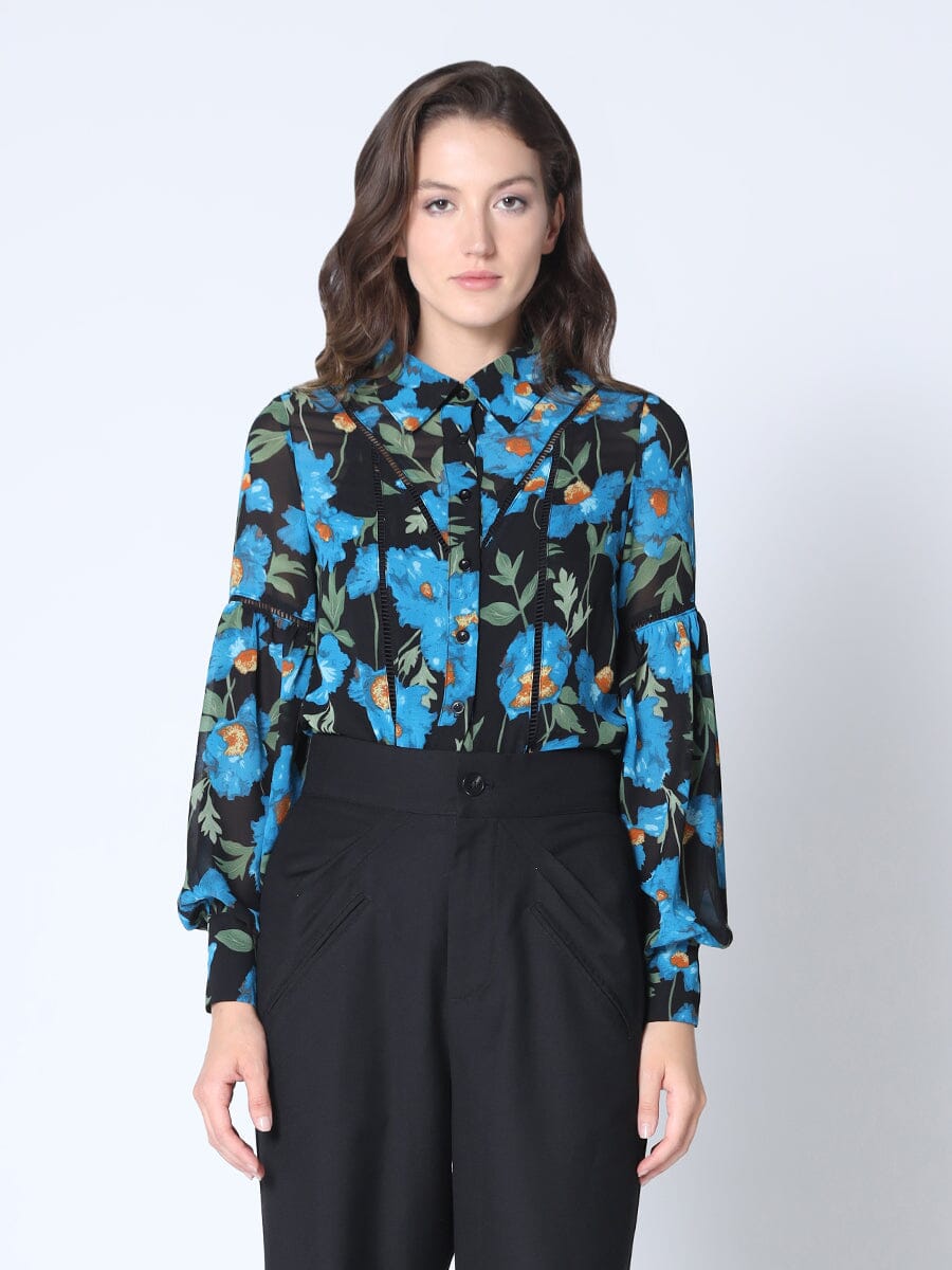 Floral Ruffle Bishop Sleeves Punched Detail Blouse TOP Gracia Fashion BLUE S 