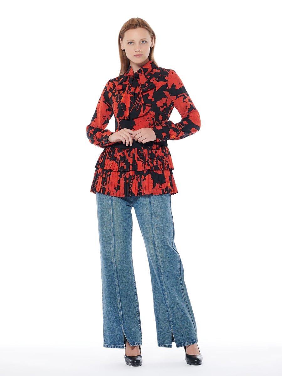 Flower Print Bottom Pleats Neck Strap Blouse TOP Gracia Fashion BLACK/RED S 