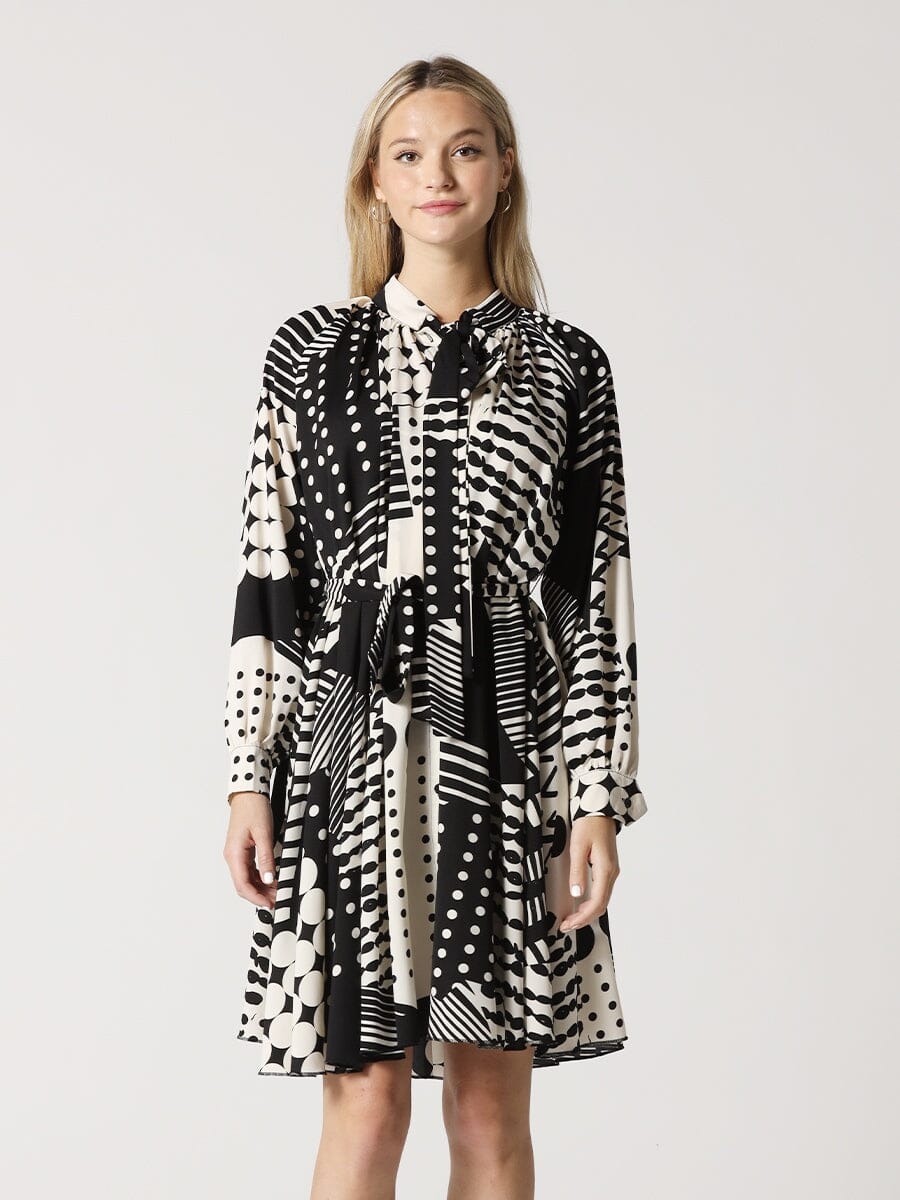 Geometric Pattern Neck Bow Midi Flare Dress DRESS Gracia Fashion BLACK/WHITE S 