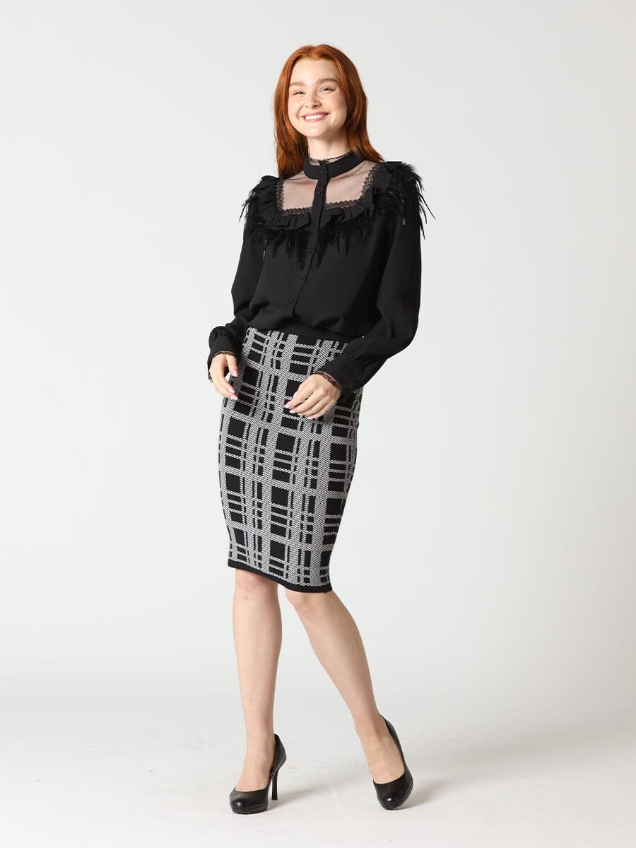 Knit Checked Pattern Bodycon Midi Skirt SET Gracia Fashion BLACK S 