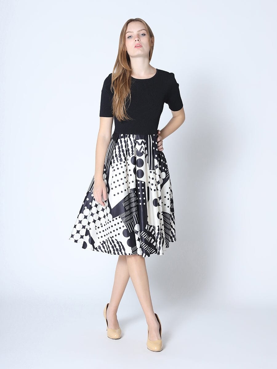 Knitted Top with A-line Flare Skirt Dress DRESS Gracia Fashion BLACK/WHITE S 