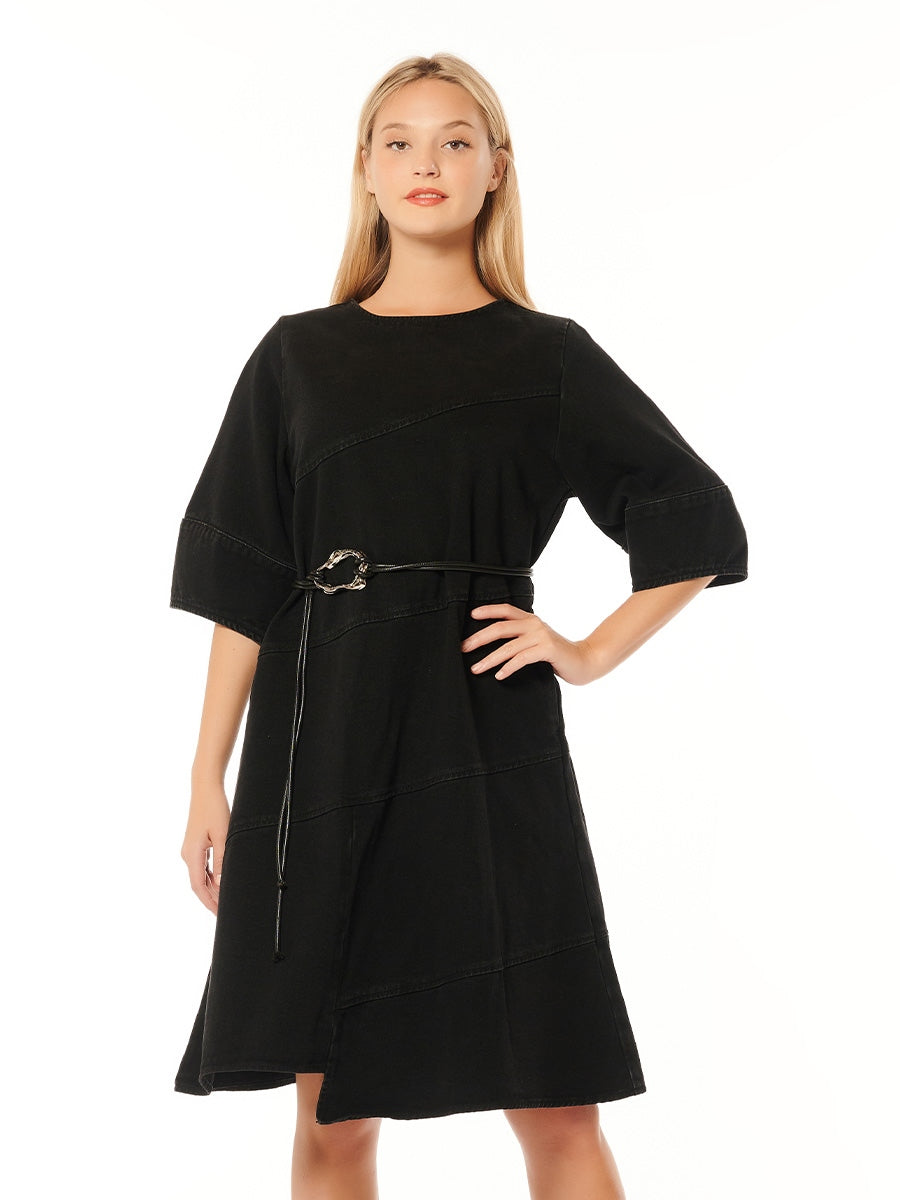 Round Neck Short Sleeve A-line Belted Denim Dress DRESS Gracia Fashion BLACK DENIM S 