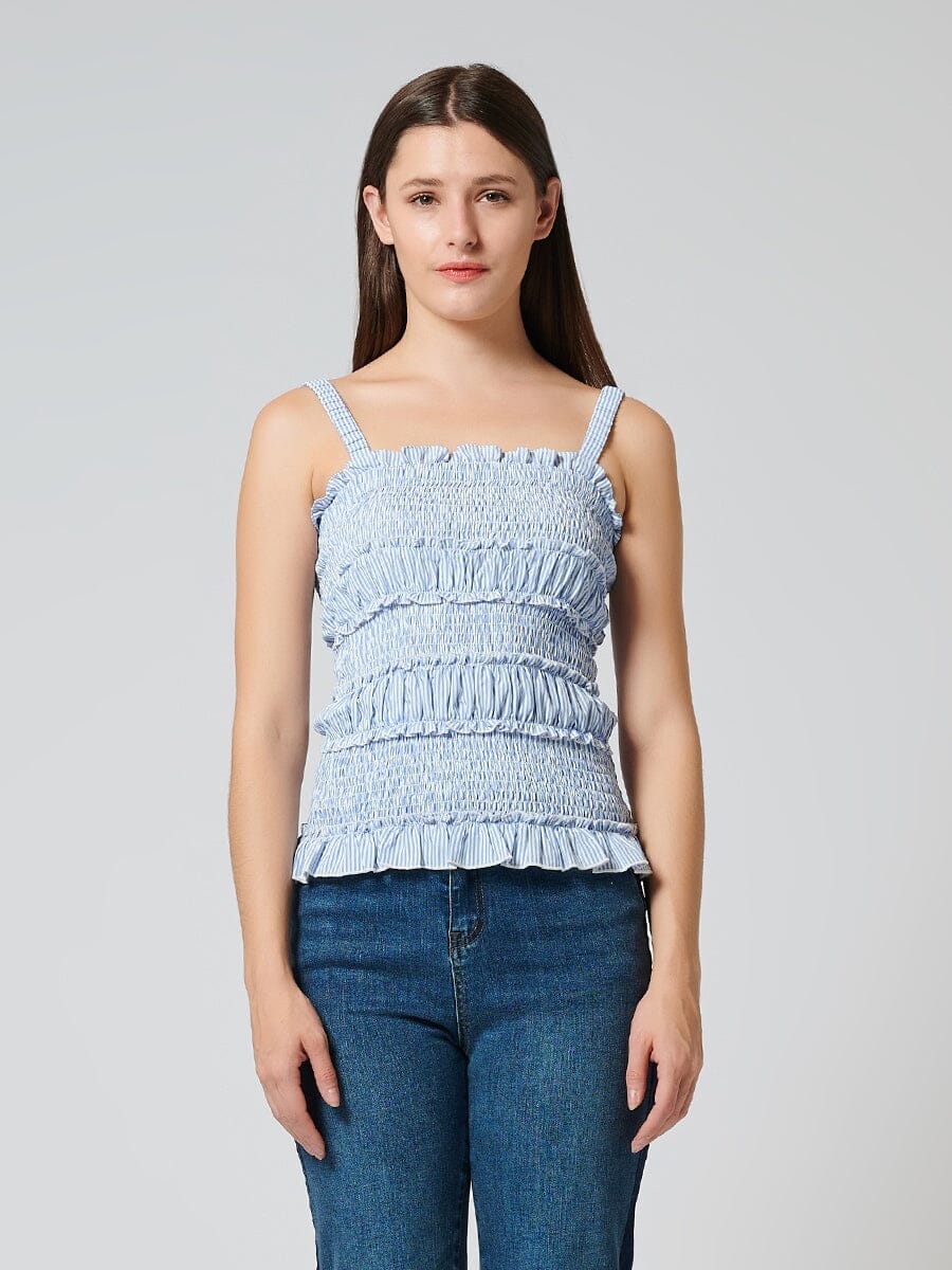 Striped Smocked Strapped Crop Top TOP Gracia Fashion L/BLUE S 