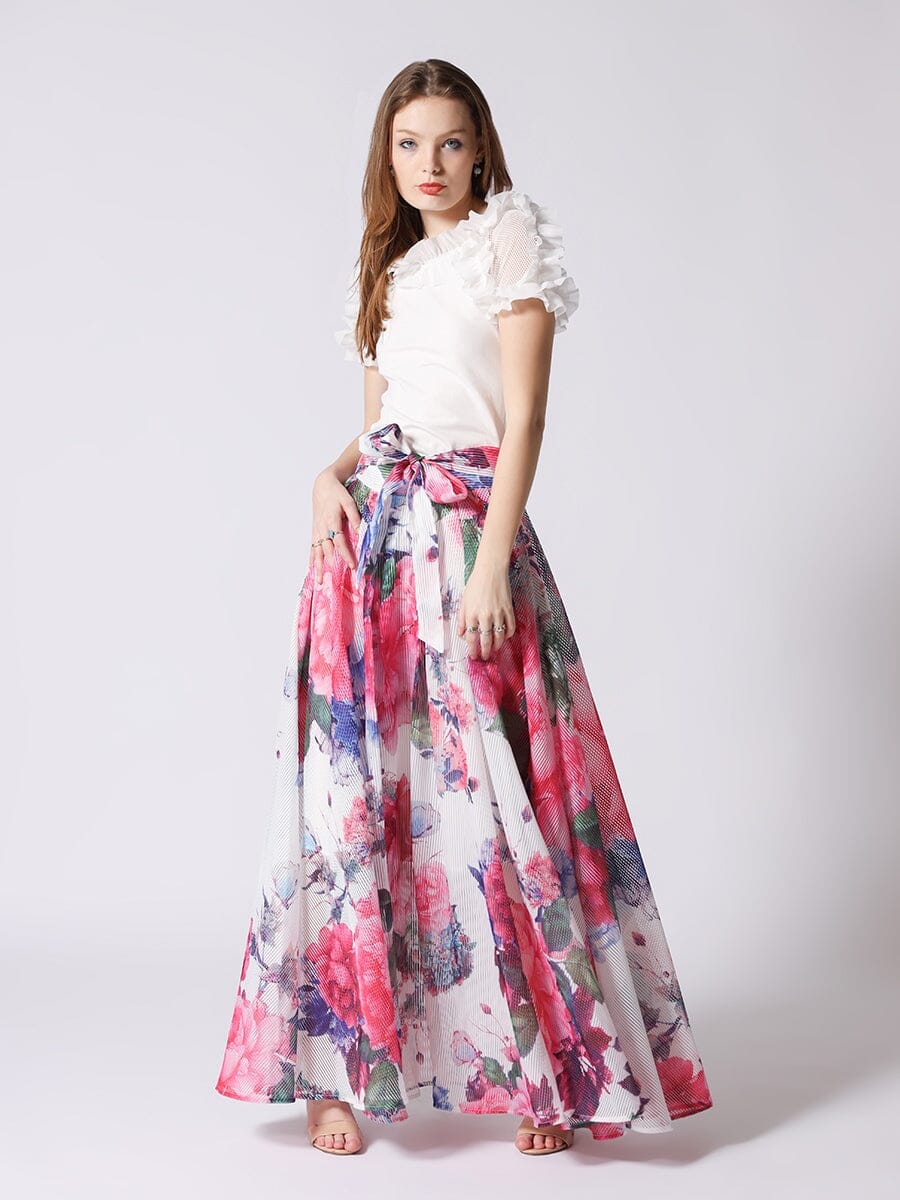Watercolor Floral Printing Pleats Maxi Skirt SKIRT Gracia Fashion PINK S 
