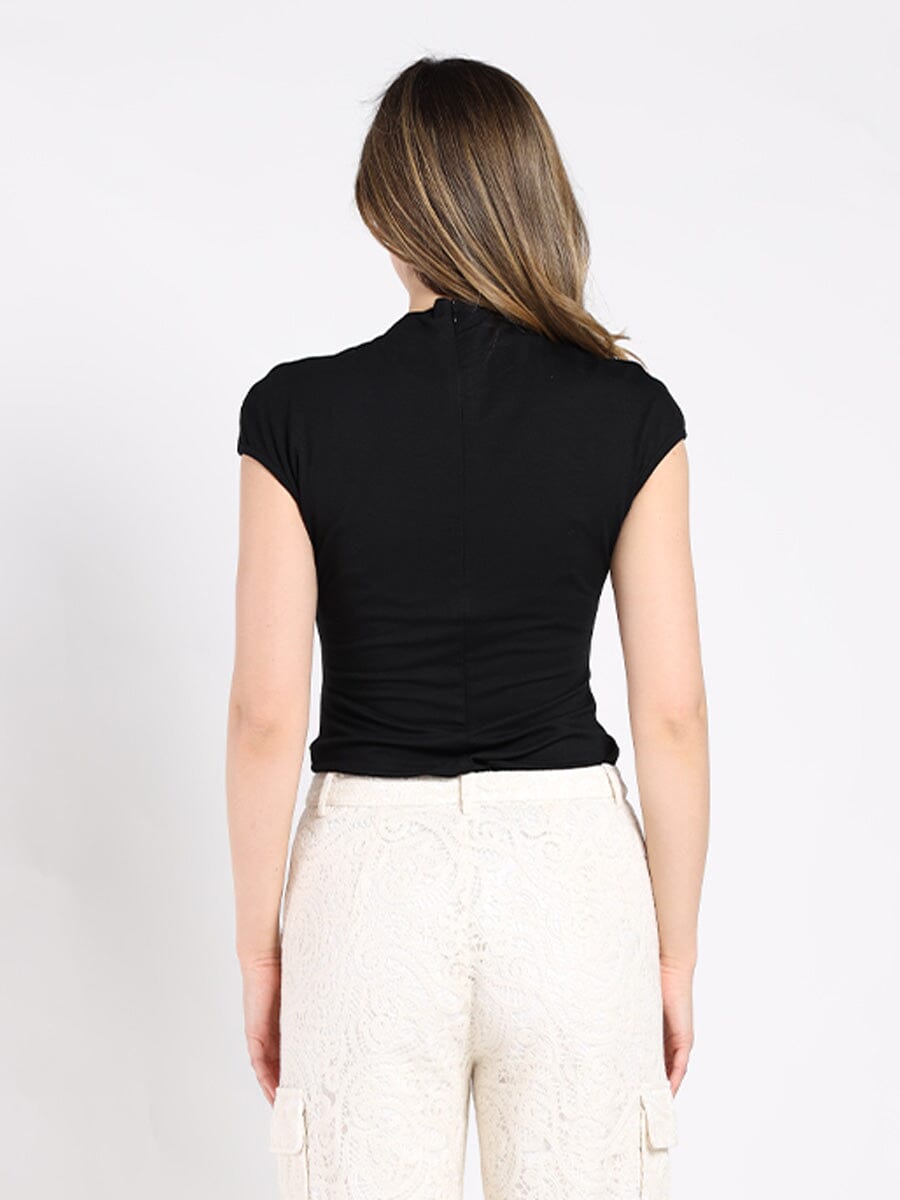 3D Flower Applique Cap Sleeve Mock Neck Top TOP Gracia Fashion 